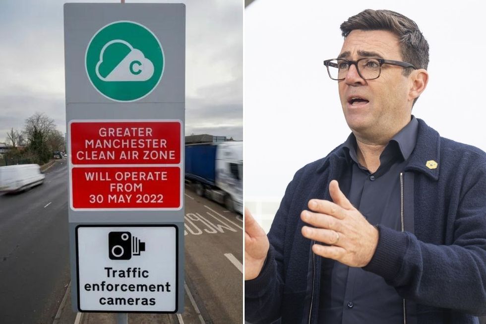 Manchester Clean Air Zone sign and Mayor Andy Burnham