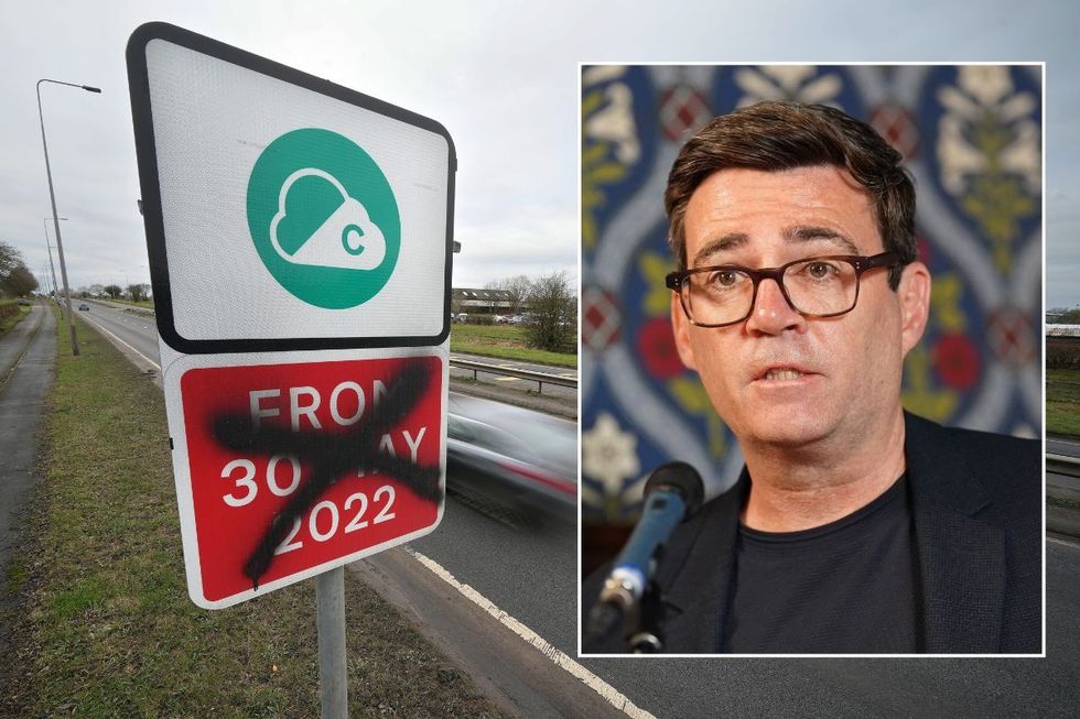 Manchester Clean Air Zone sign and Mayor Andy Burnham