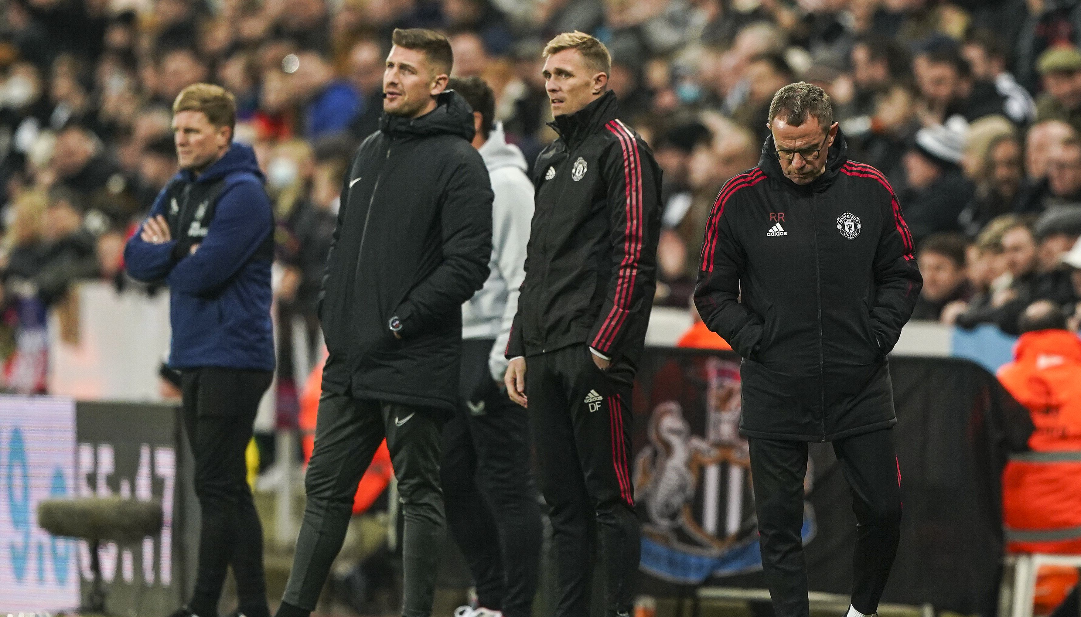 Manchester United interim manager Ralf Rangnick (far right) on the touchline with Newcastle United manager Eddie Howe (far left) during the Premier League match at St. James' Park.