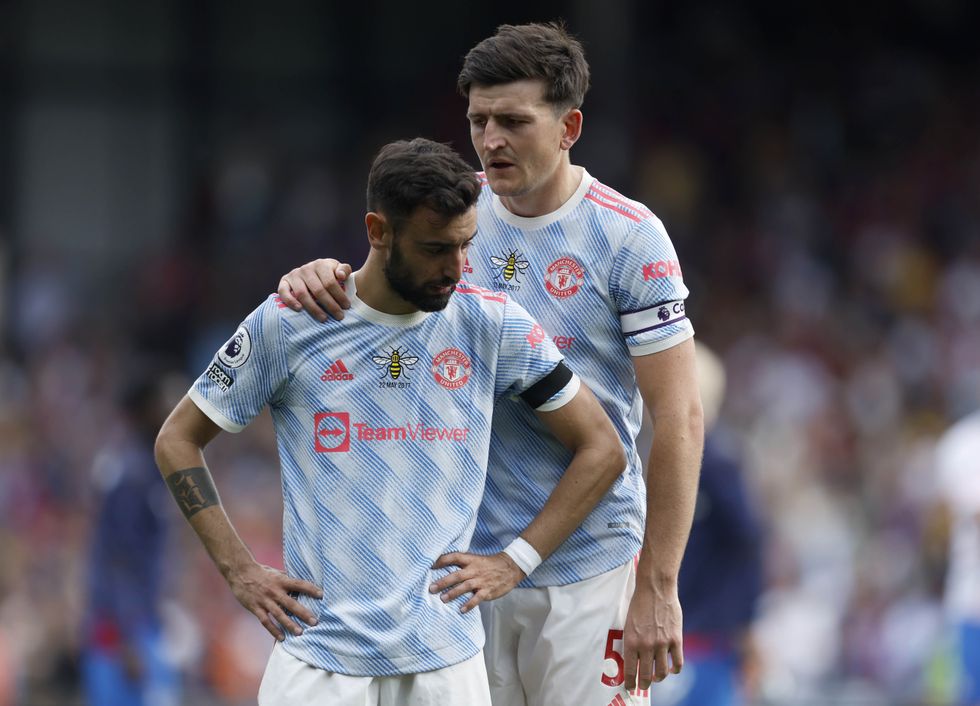 Manchester United's Bruno Fernandes (left) and Harry Maguire after the Premier League match at Selhurst Park, London. Picture date: Sunday May 22, 2022.