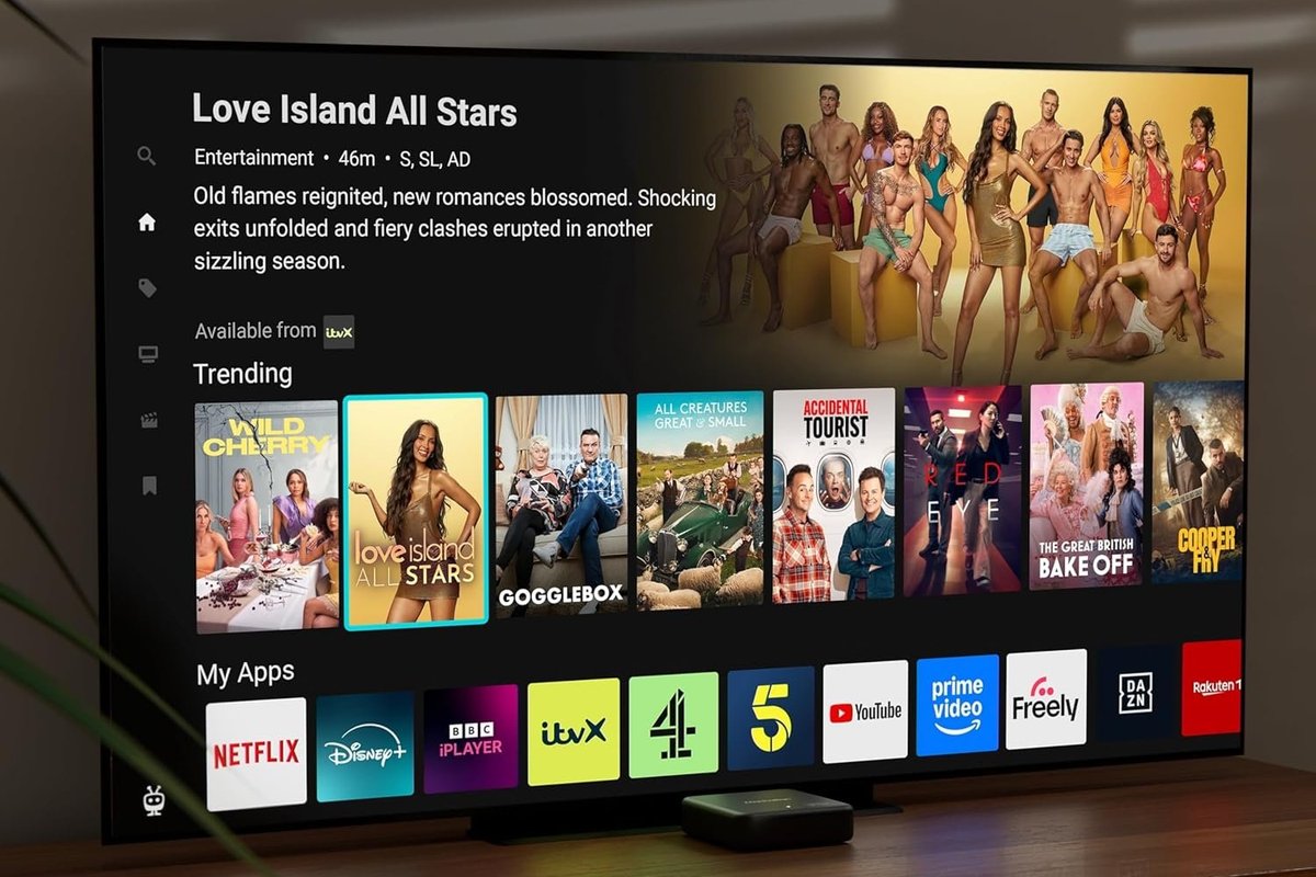 Manhattan Aero 4K TV Streamer in front of TV