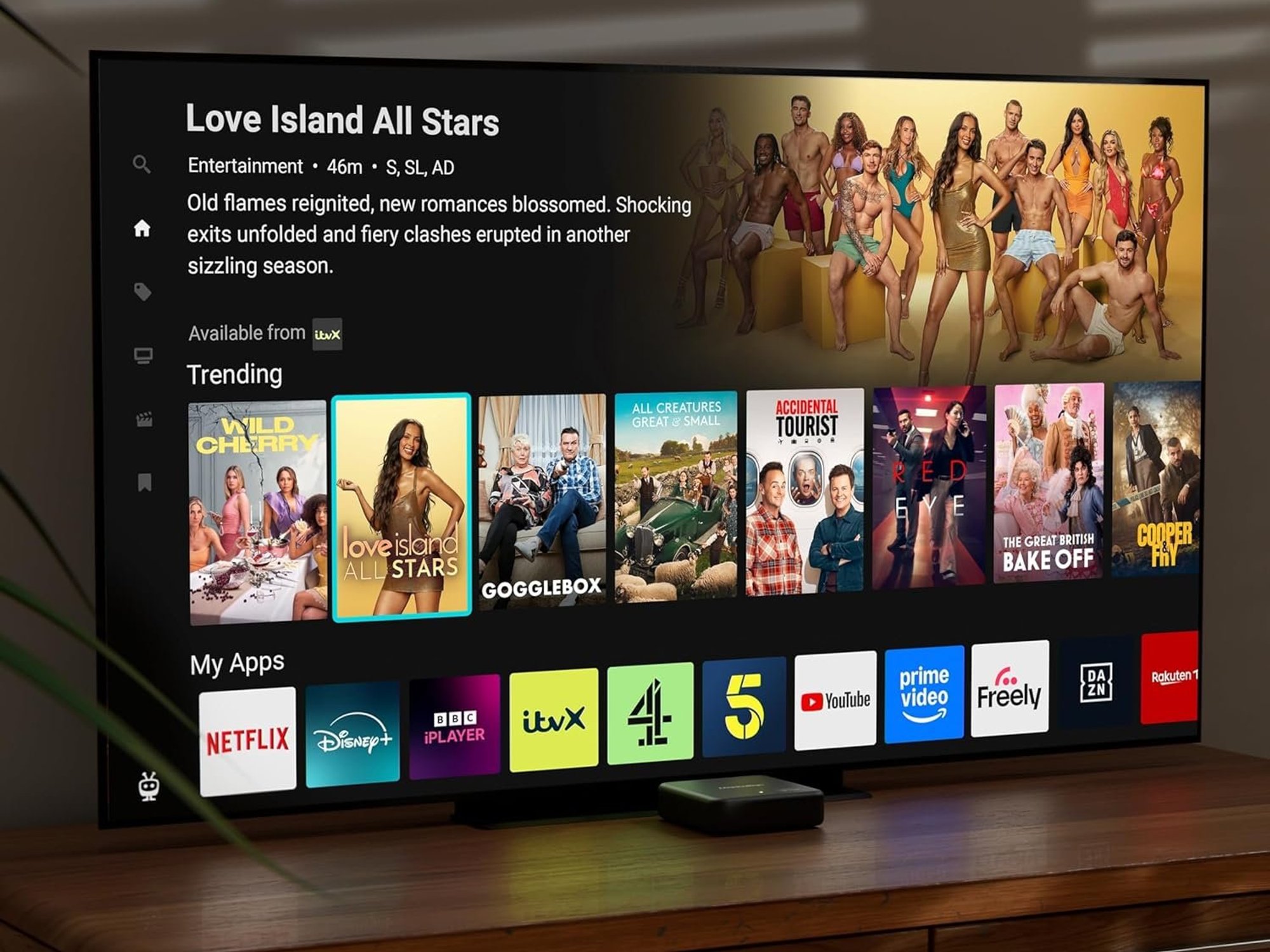 Manhattan Aero 4K TV Streamer in front of TV