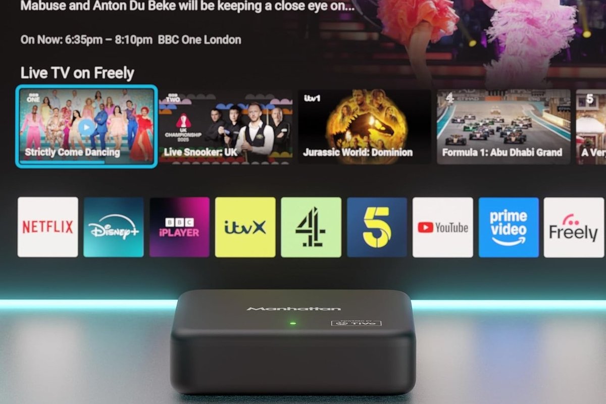 Manhattan Aero 4K TV Streamer in front of TV