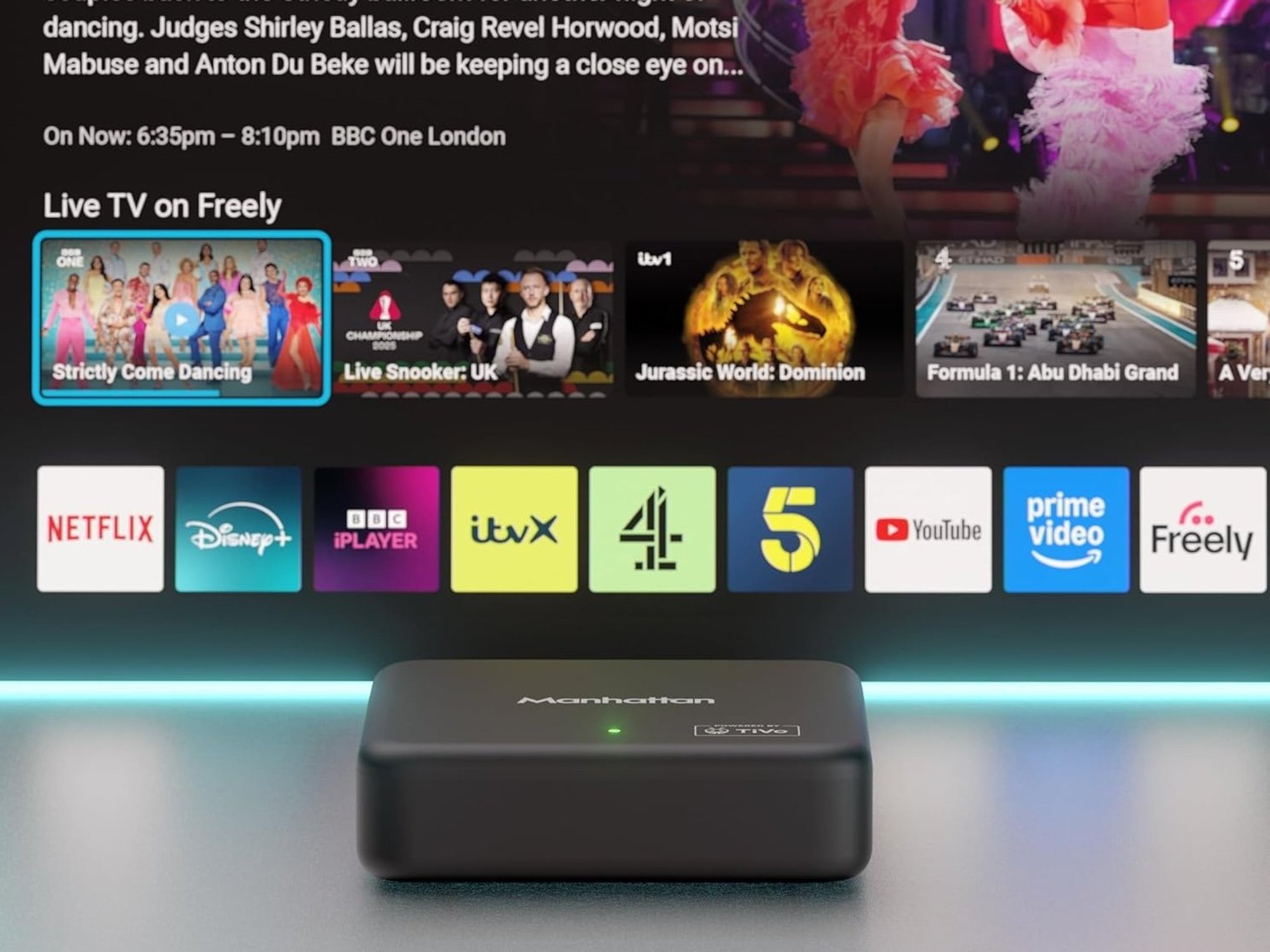 Manhattan Aero 4K TV Streamer in front of TV