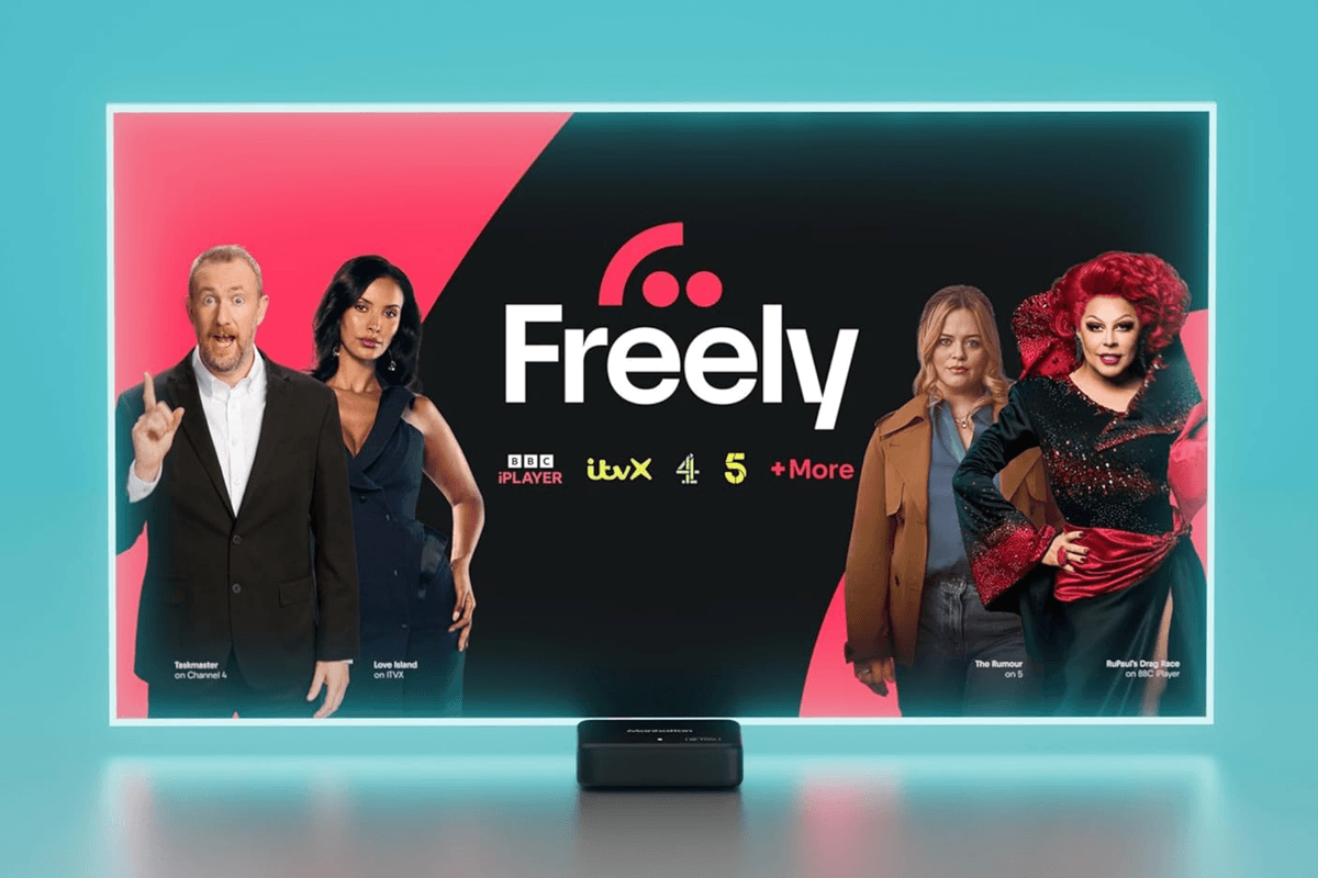 Manhattan Aero 4K TV Streamer with Freely in front of flat screen TV