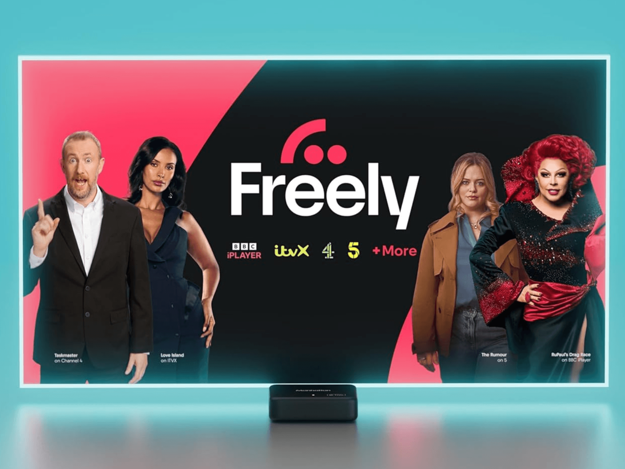 Manhattan Aero 4K TV Streamer with Freely in front of flat screen TV