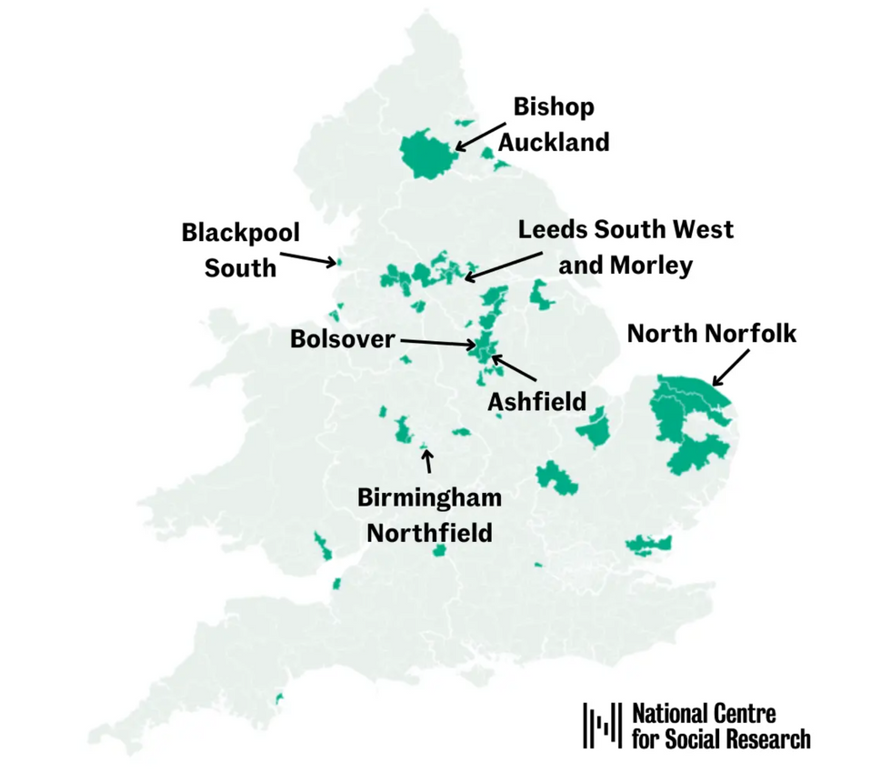 Map of constituencies where Middle Britons are likely to be strongly overrepresented