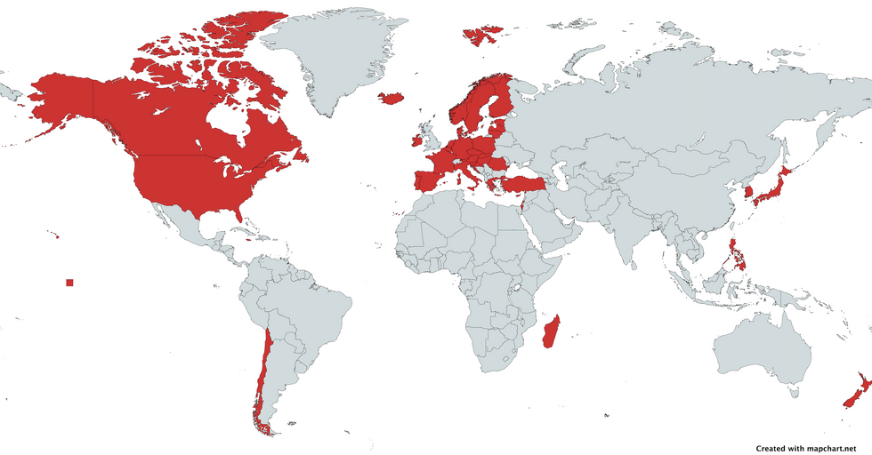 Map of countries where expats are eligible for a pension increase