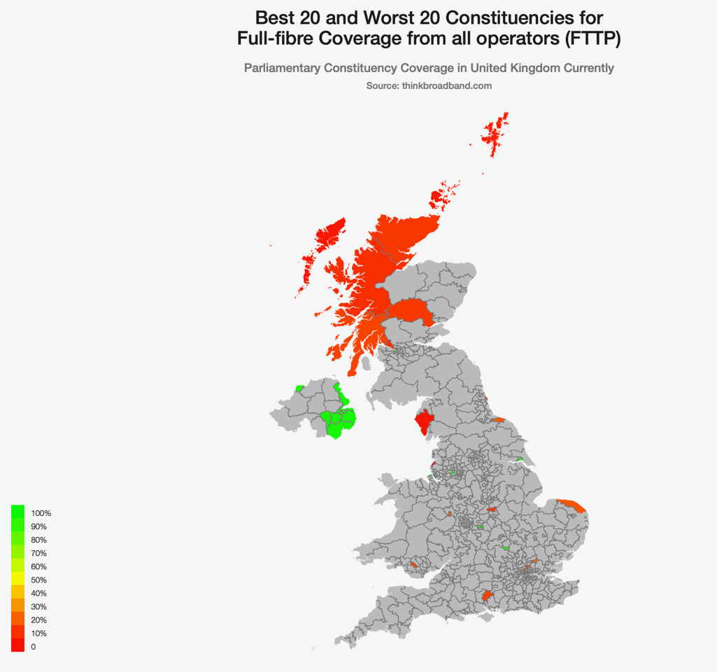 map of great britain and northern ireland showing the best and worst areas for full fibre to premises broadband coverage