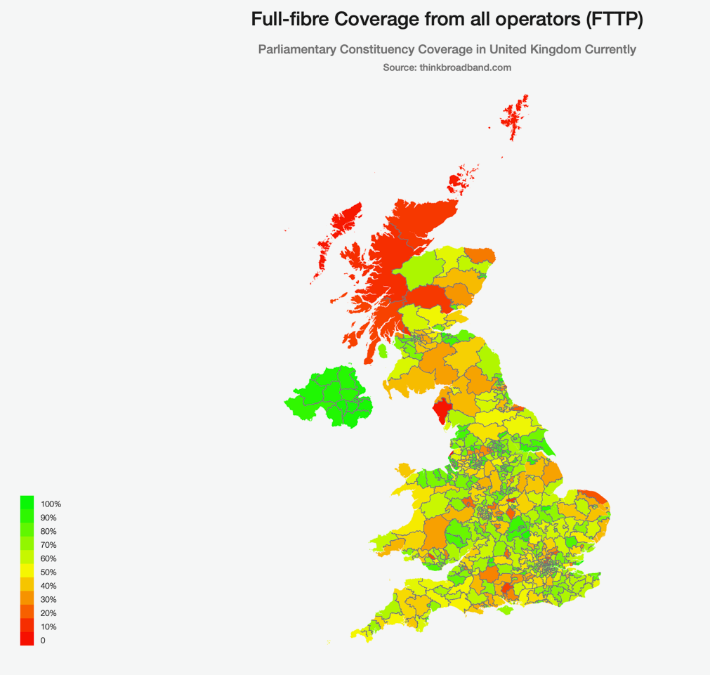 map of great britain and northern ireland showing the percentage of coverage of full fibre to premises broadband coverage