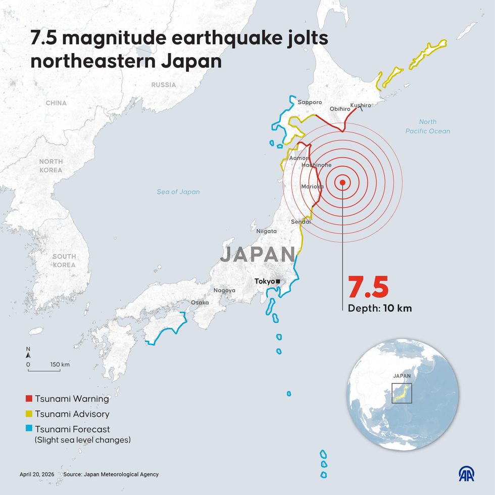 Map of Japan detailing latest earthquake to strike the north east