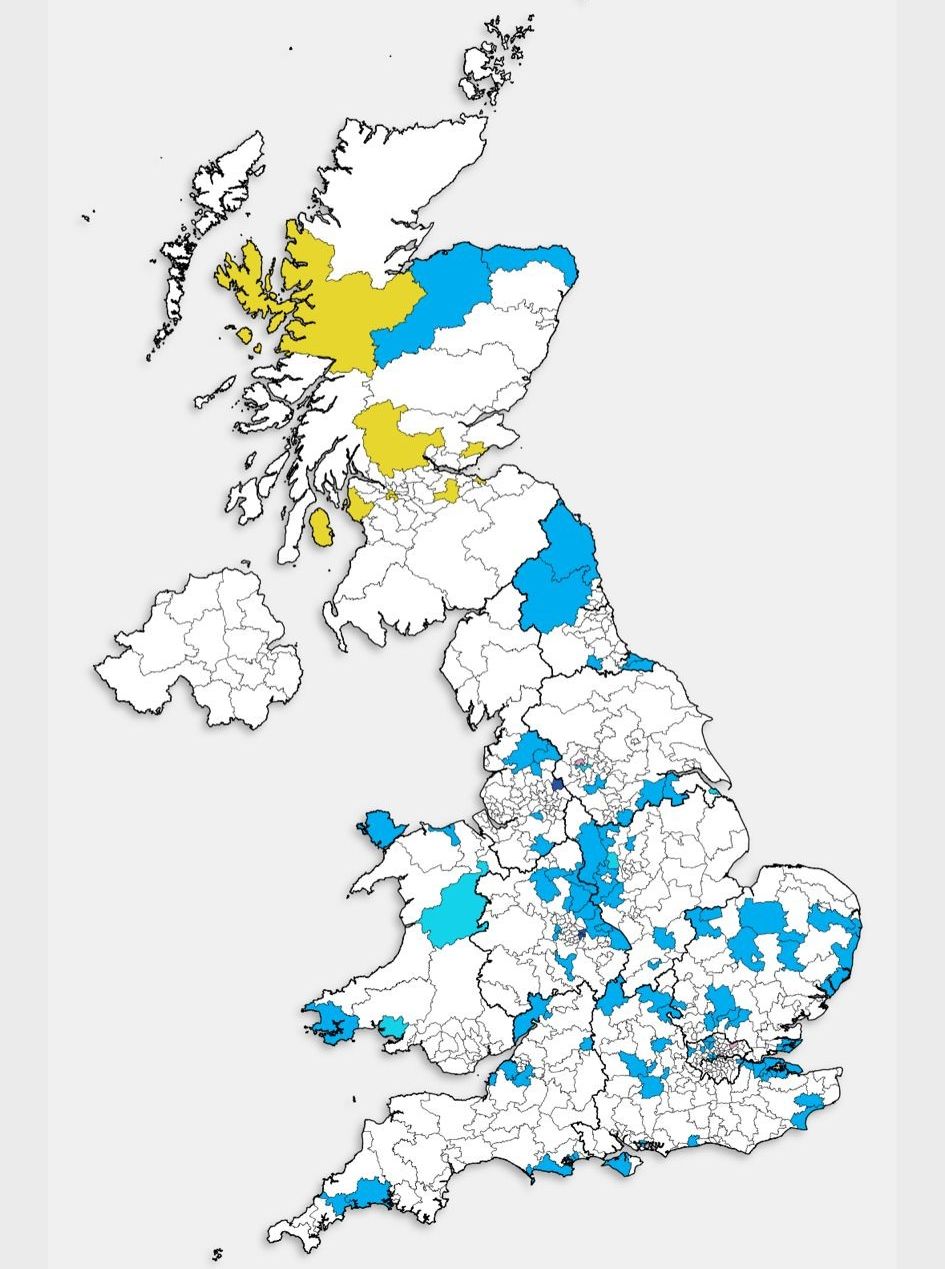 Map of seats that would change if an election was held tomorrow according to the Nowcast model