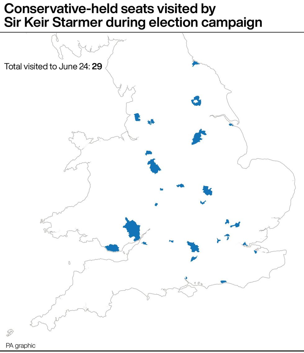 Map of seats visited by Keir Starmer