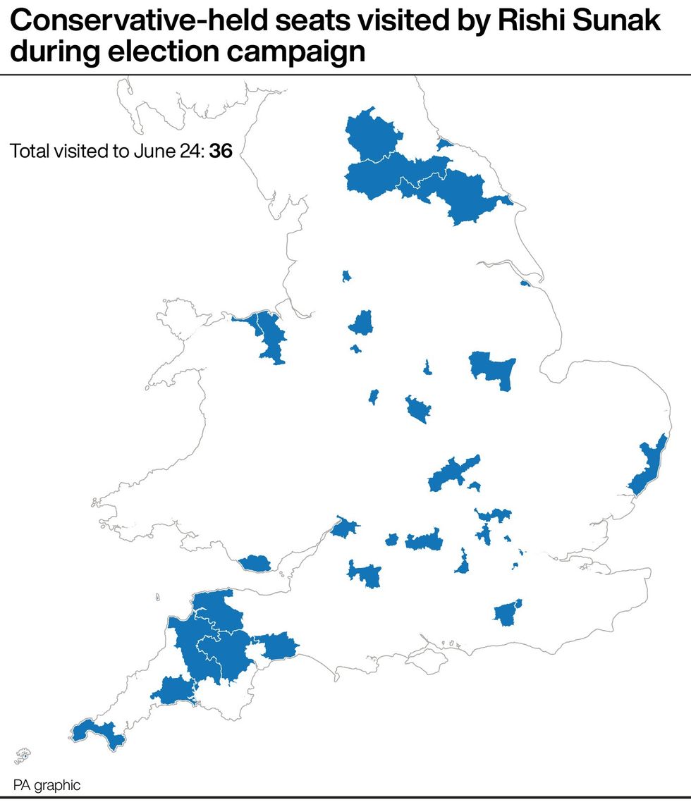 Map of seats visited by Rishi Sunak