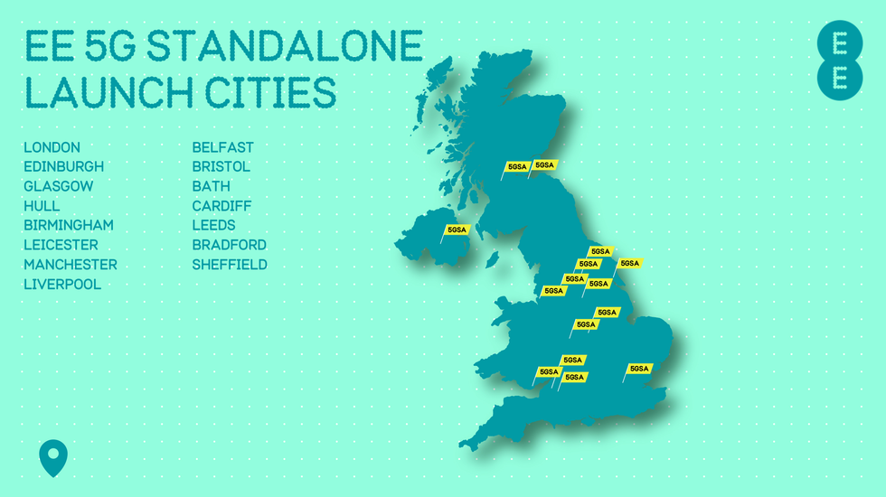 map of the uk with cities marked for ee 5g sa network
