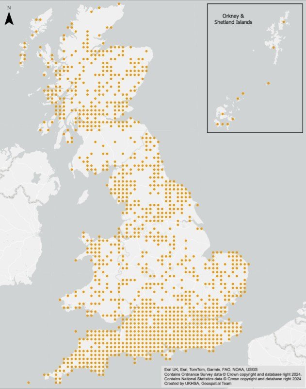 Map outlining where ticks (Ixodes ricinus) are reported across England, Scotland and Wales