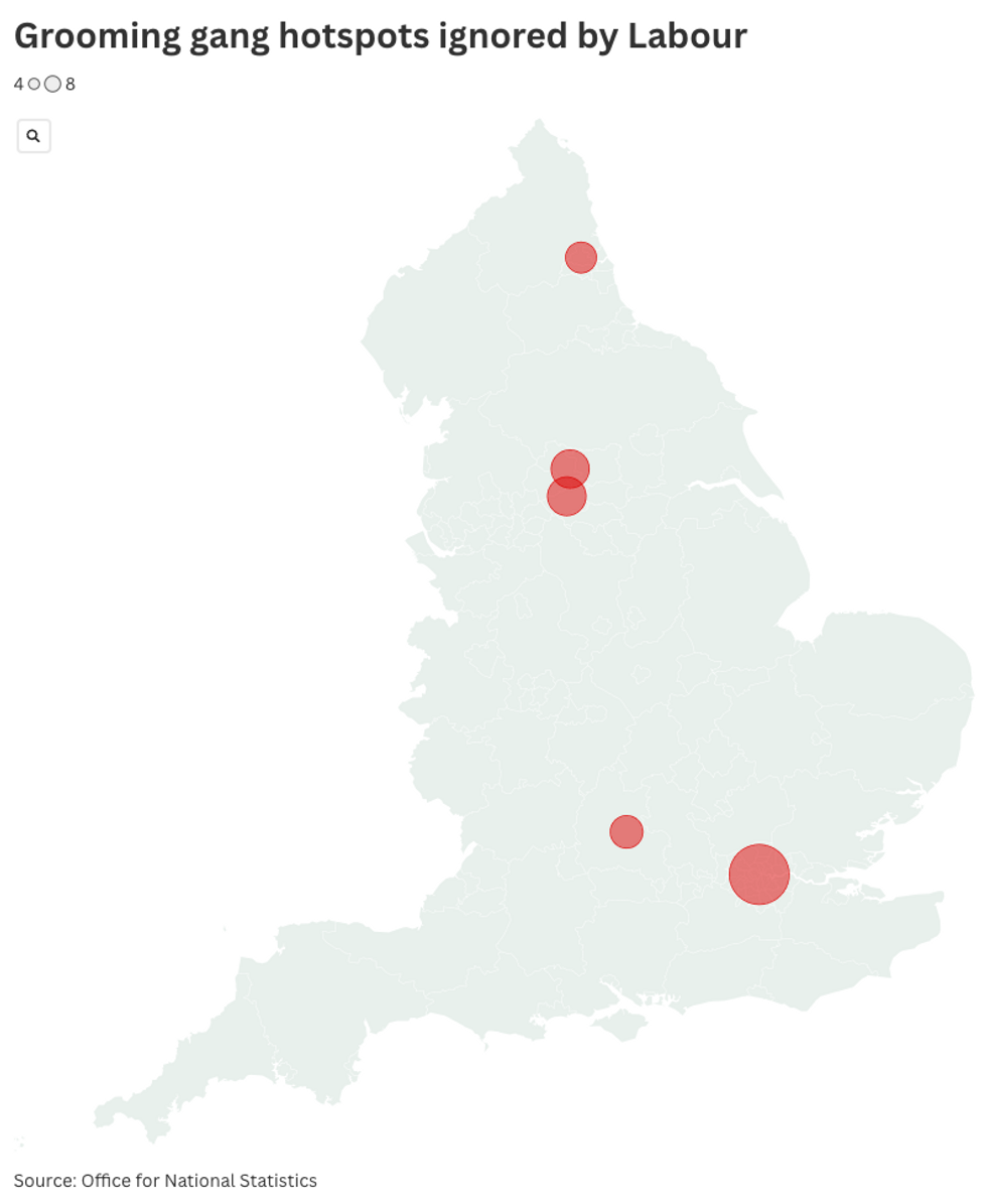 Map showing grooming gangs areas ignored by Labour