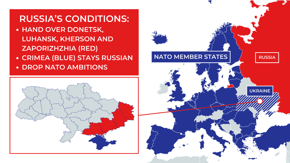 Maps of Europe and Ukraine with a list of Russia's conditions overlaid
