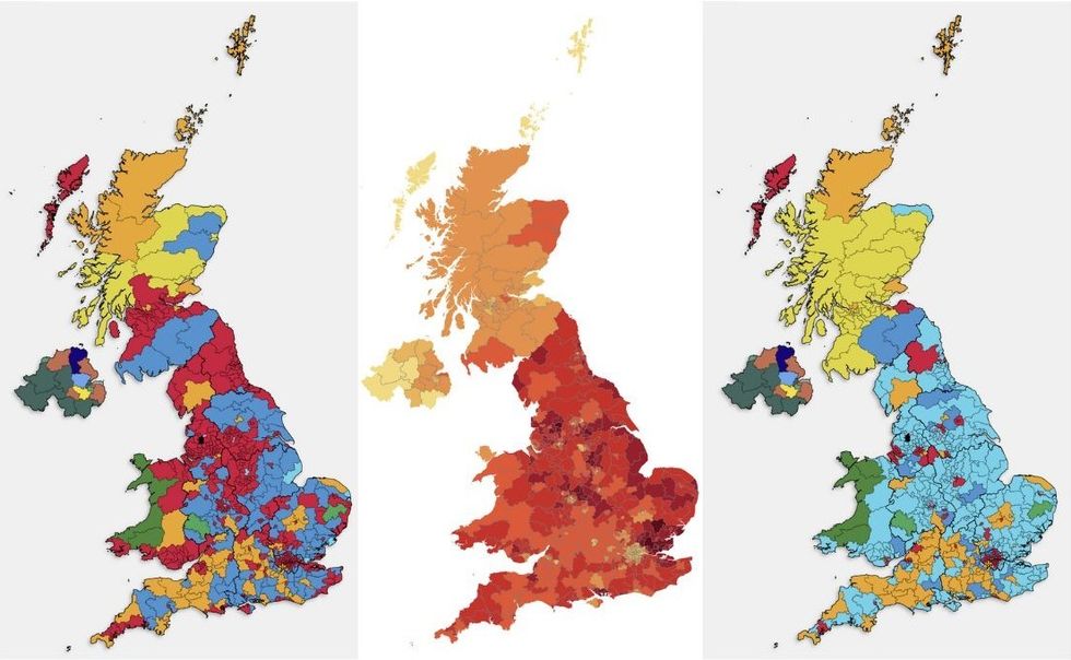 Maps showing the result of the 2024 General Election, petition demanding a General Election and Nowcast's latest forecast