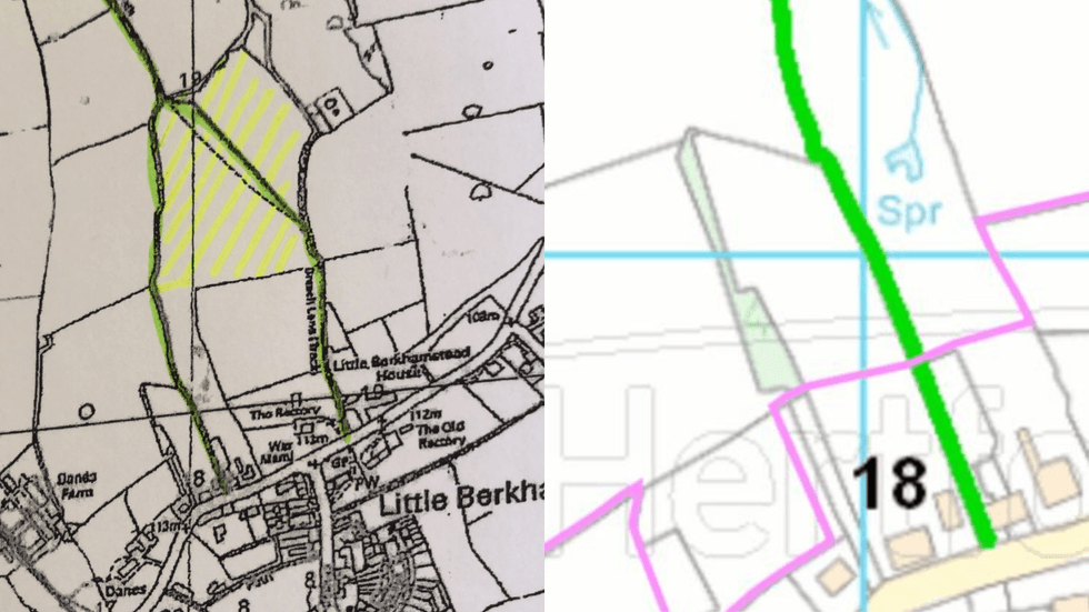 Maps which the Moore family were presented when purchasing their property, showing the BR18 bridleway running along the boundary of their property