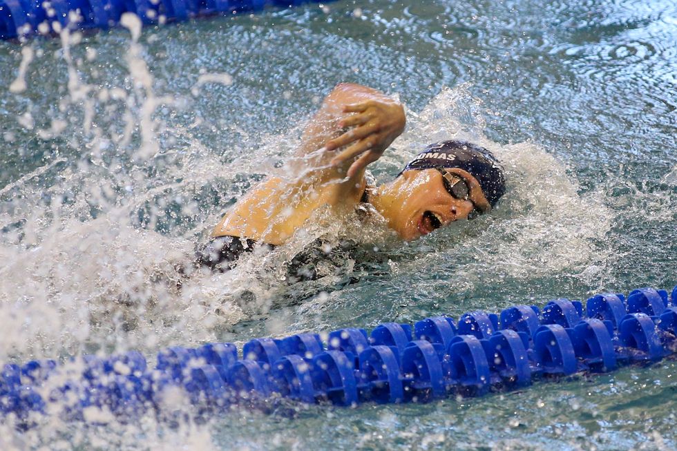 Mar 19, 2022; Atlanta, Georgia, USA; Penn Quakers swimmer Lia Thomas swims the 100 free at the NCAA Swimming & Diving Championships at Georgia Tech. Mandatory Credit: Brett Davis-USA TODAY Sports