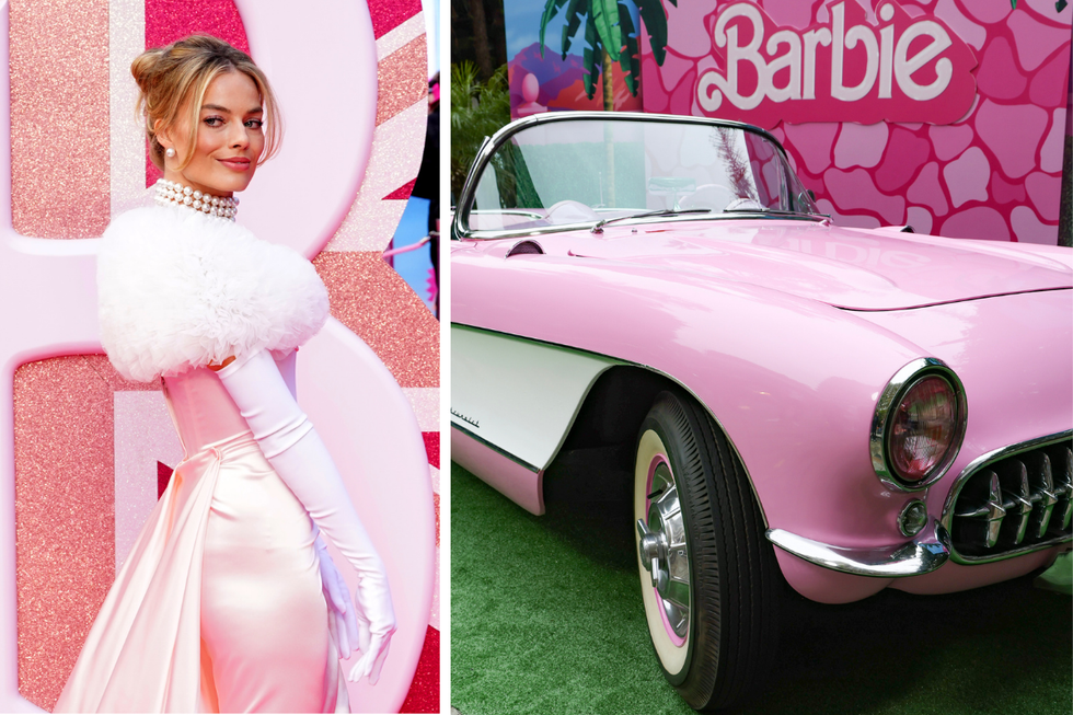 Margot Robbie and a photo of Barbie car
