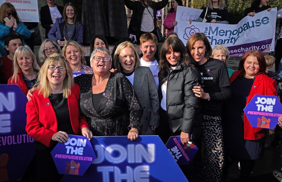 Mariella Frostrup (centre) with protesters outside the Houses of Parliament in London demonstrating against ongoing prescription charges for HRT (Hormone replacement therapy).