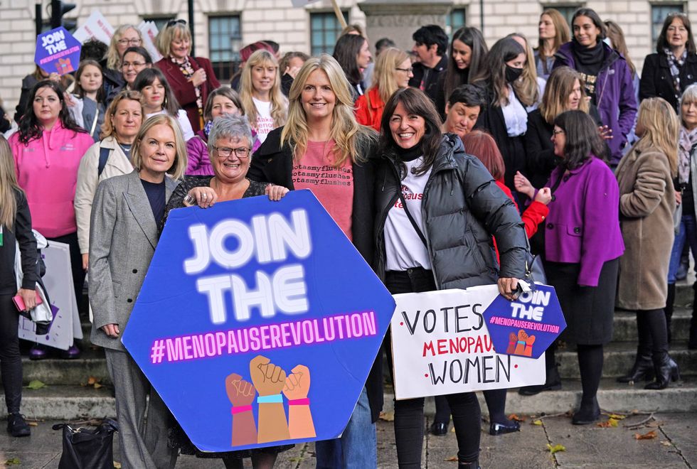 Mariella Frostrup, MP Carolyn Harris, Penny Lancaster and Davina McCall with protesters outside the Houses of Parliament in London demonstrating against ongoing prescription charges for HRT (Hormone replacement therapy).