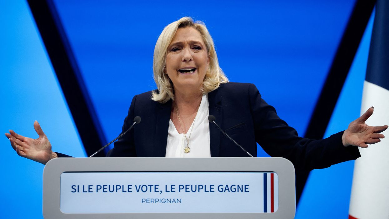 Marine Le Pen, leader of French far-right National Rally (Rassemblement National) party and candidate for the 2022 French presidential election, speaks during a political campaign rally in Perpignan, France