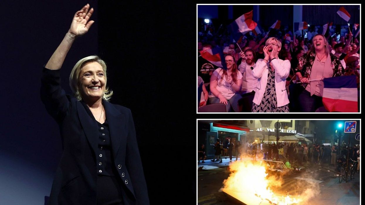 Marine Le Pen with an inset of National Rally protesters and French protesters