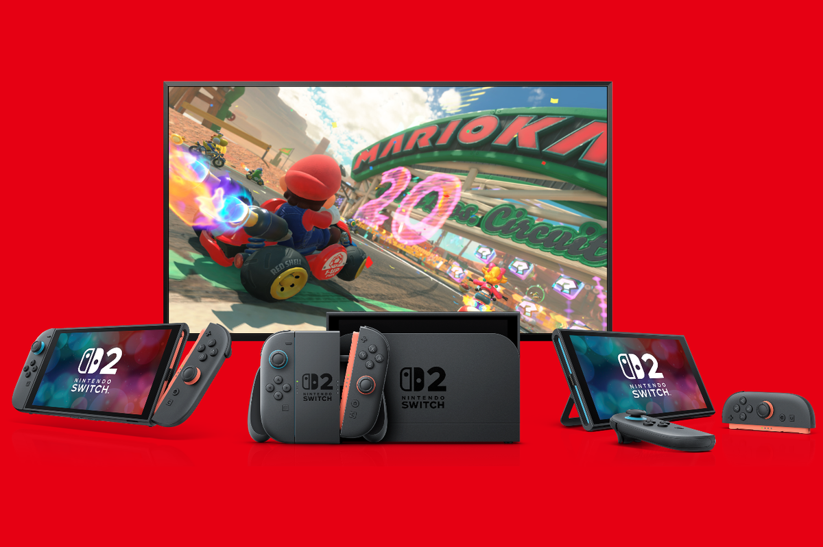 Mario Kart World footage pictured on-screen with the Nintendo Switch 2 shown in various configurations surrounding the flatscreen TV