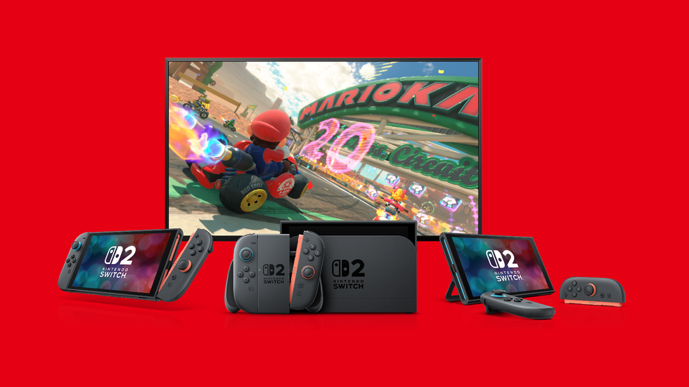 Mario Kart World footage pictured on-screen with the Nintendo Switch 2 shown in various configurations surrounding the flatscreen TV 