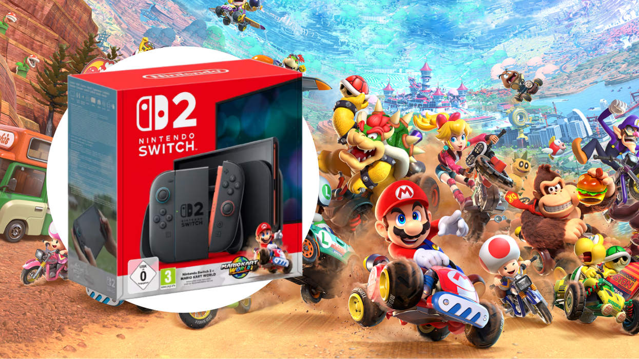 mario kart world screenshot showing the races on the track with an inset image of the switch 2 console box