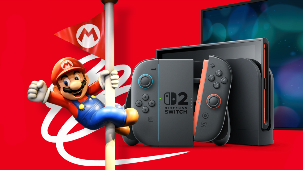 mario pictured on a flag pole with the nintendo switch 2 console behind on a red background