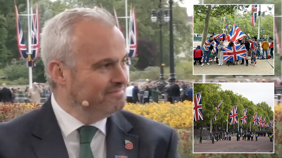 Mark Atkinson with two inset images of preparations for VE Day