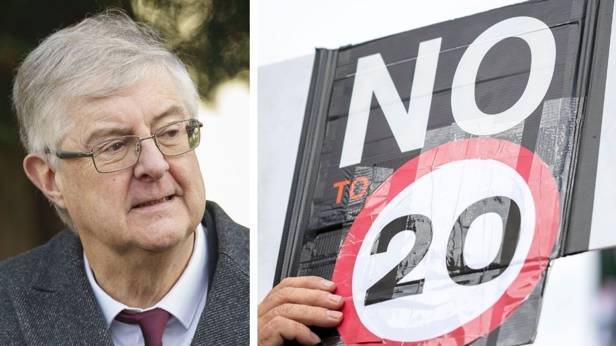 Mark Drakeford and a 20mph protest sign