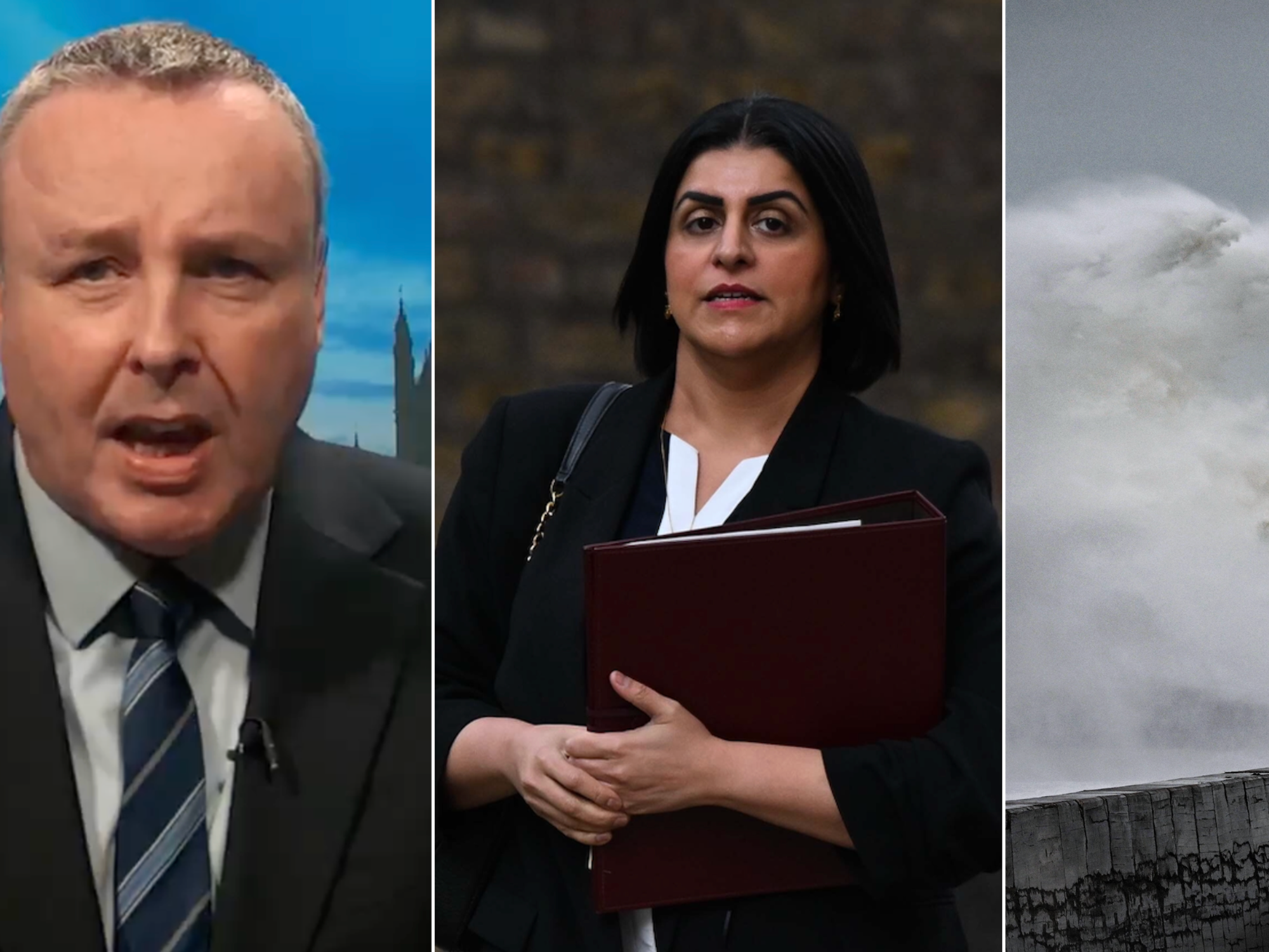 Mark White (left), Shabana Mahmood (middle), Dover storm (right)