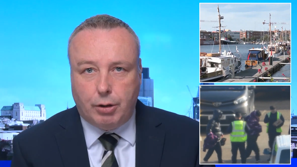 Mark White with inset images of Operation Dynamo boats and migrants arriving in Britain