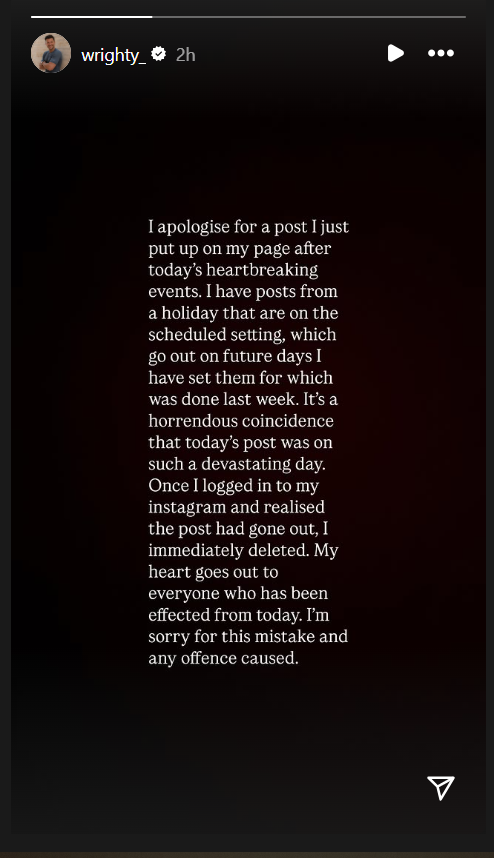 Mark Wright's apology post