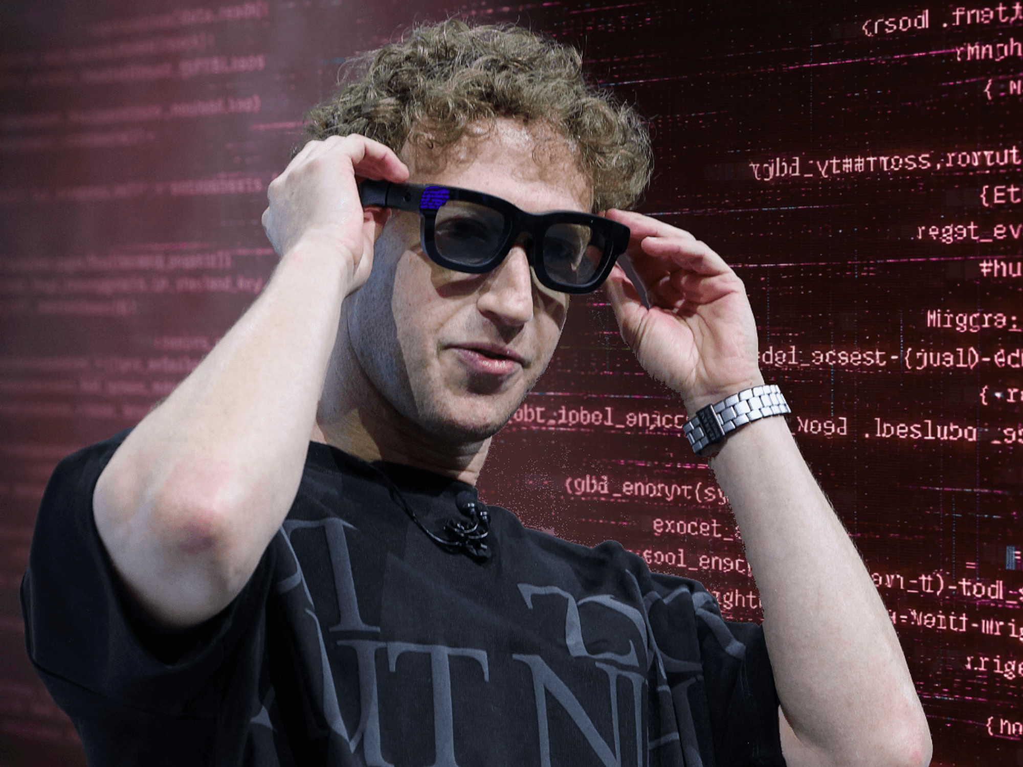 Mark Zuckerberg wearing Meta smart glasses with computer code displayed behind him