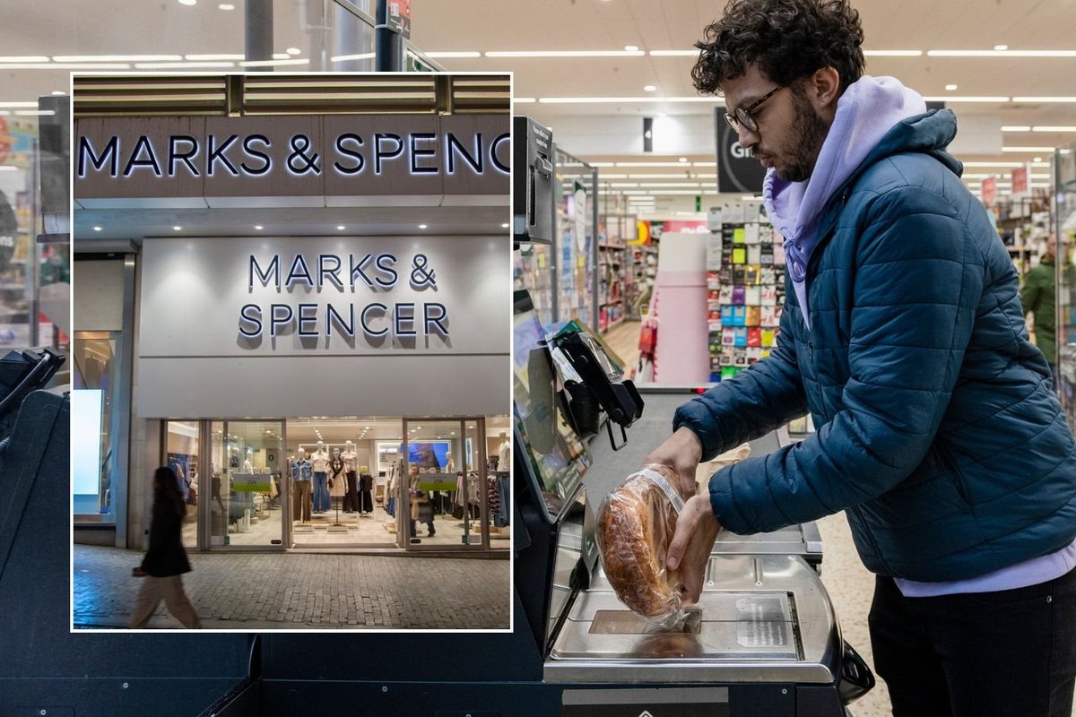 Marks & Spencer store and man using self-checkout machine