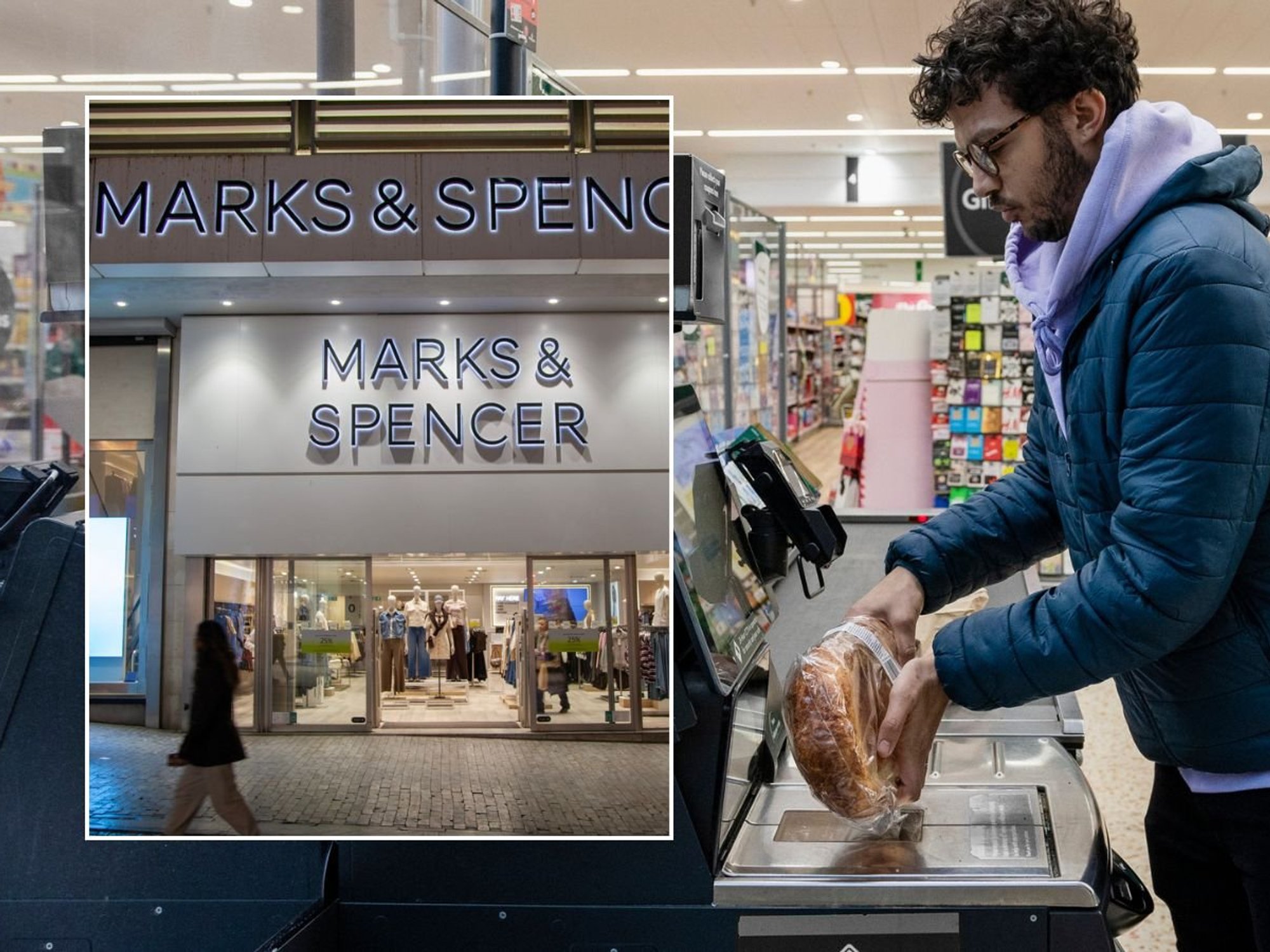 Marks & Spencer store and man using self-checkout machine