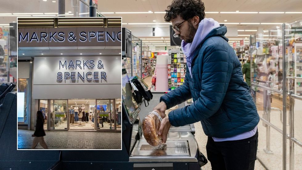 Marks & Spencer store and man using self-checkout machine