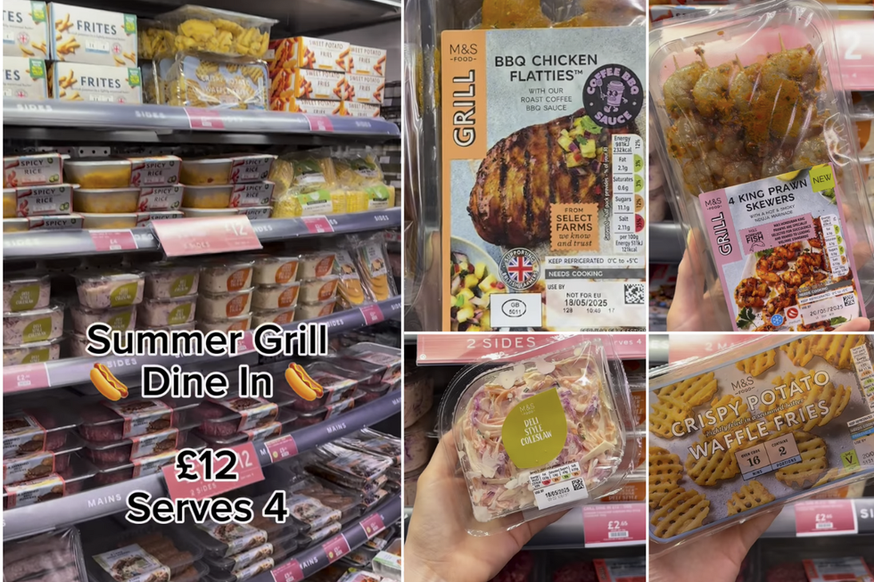 Marks & Spencer Summer Grill Dine-in Deal; deli style coleslaw, crispy potato waffle fries, king prawn skewers, BBQ chicken flatties