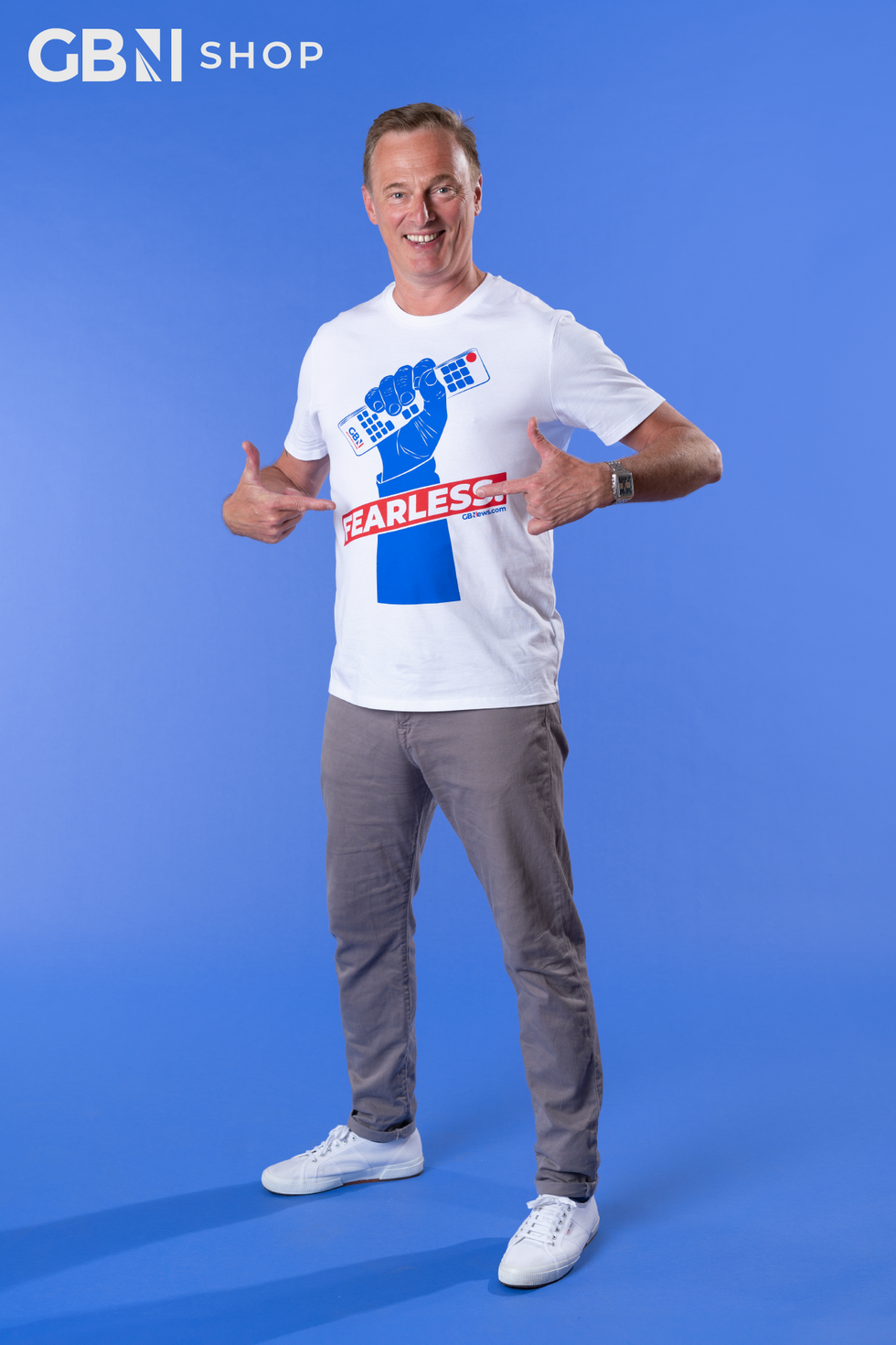 Martin Daubney wearing one of the new fearless t-shirts in the studio photoshoots