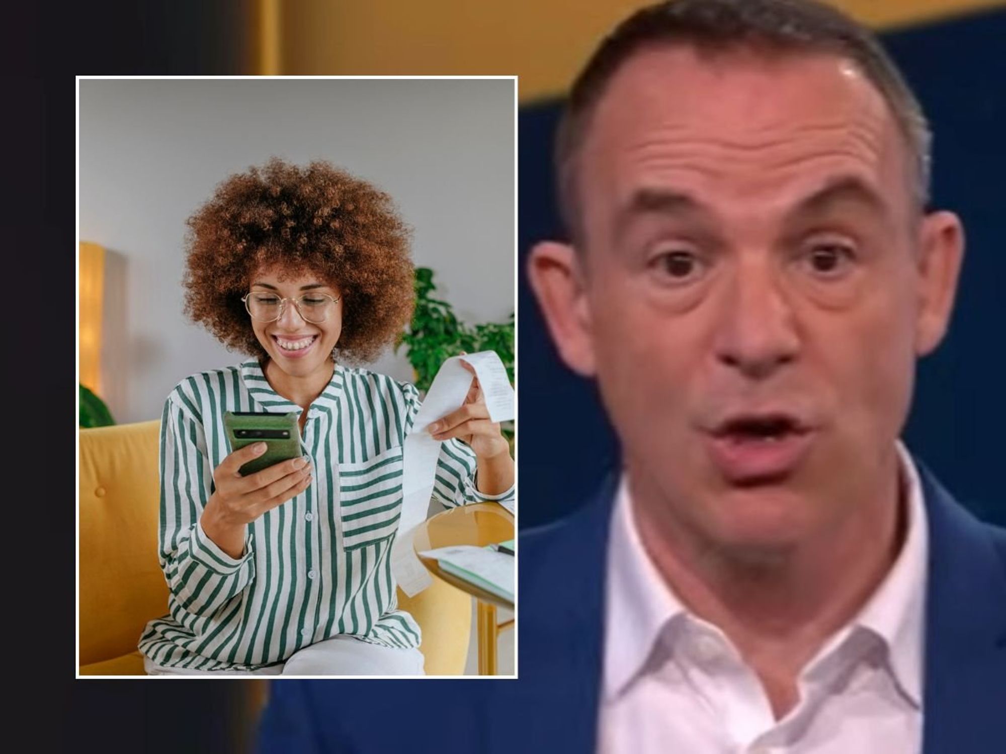 Martin Lewis and woman looking at bill