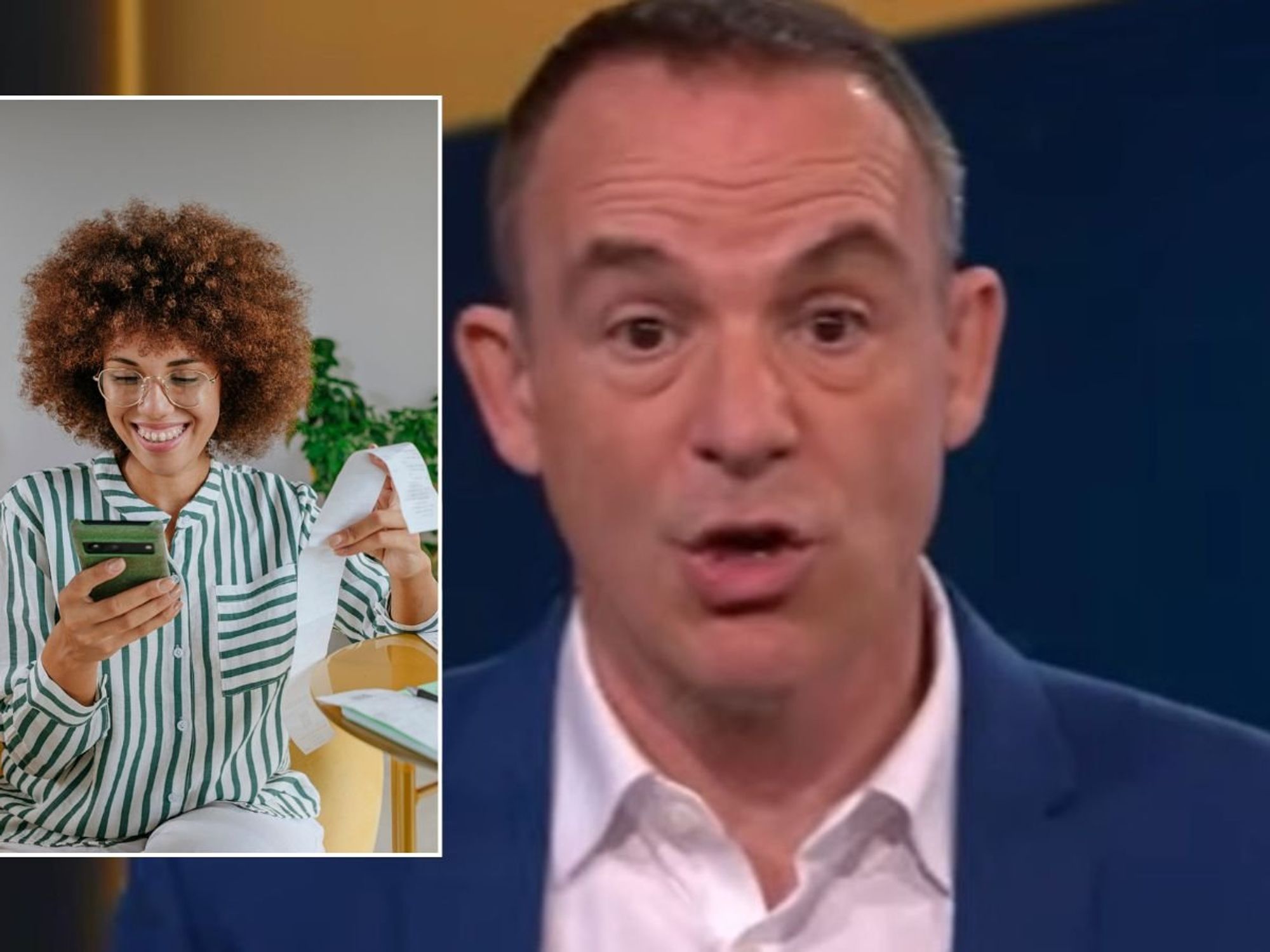 Martin Lewis and woman looking at bill