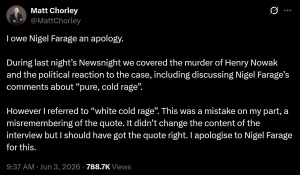 Matt Chorley issued his apology earlier today