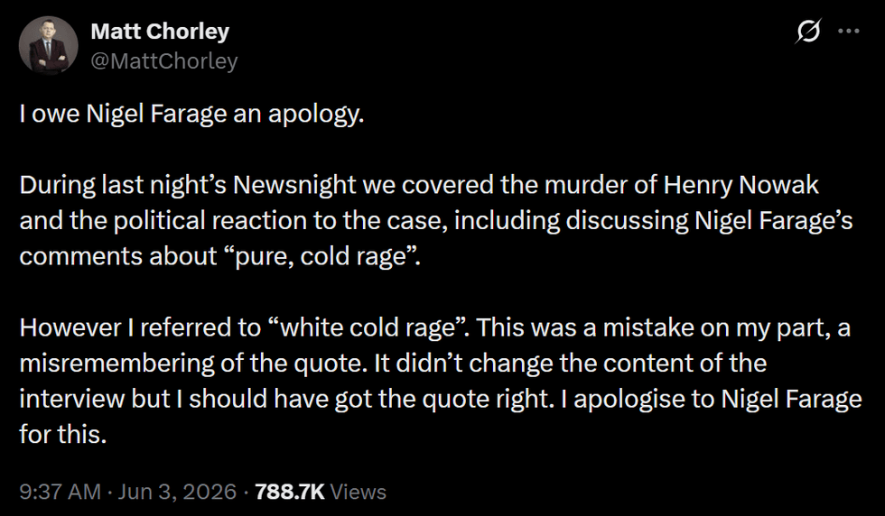 Matt Chorley issued his apology earlier today