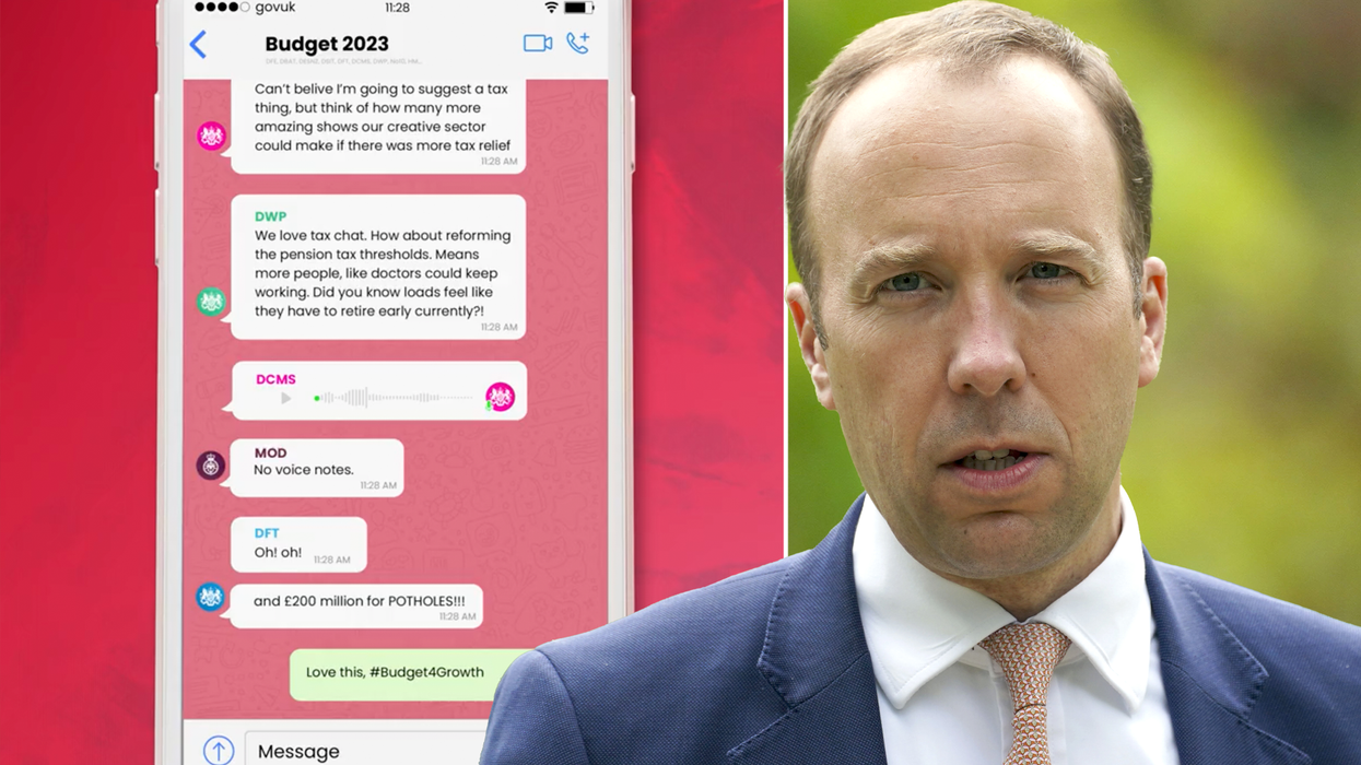 Matt Hancock (right) and a screenshot of the video released by the Treasury mocking him.
